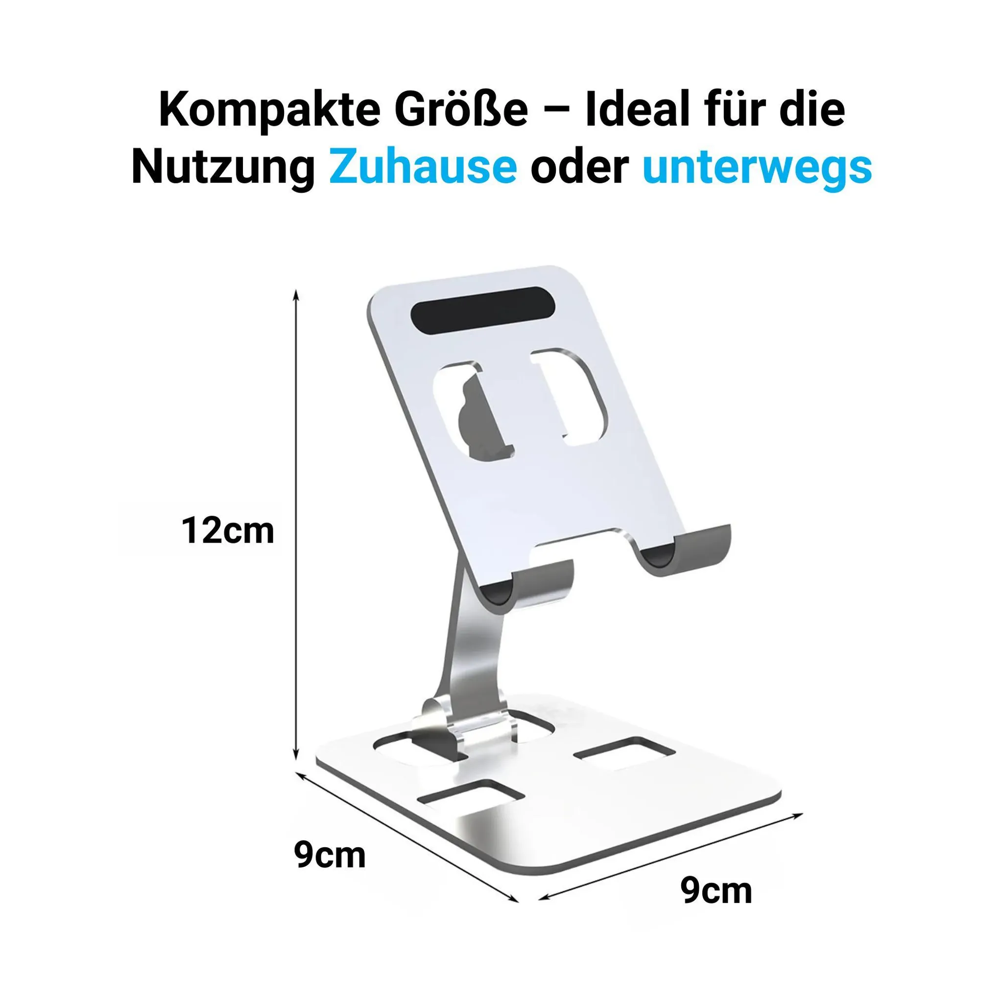 Silberner Handyhalter, 12cm hoch, 9x9cm Basis. Ideal für Zuhause.