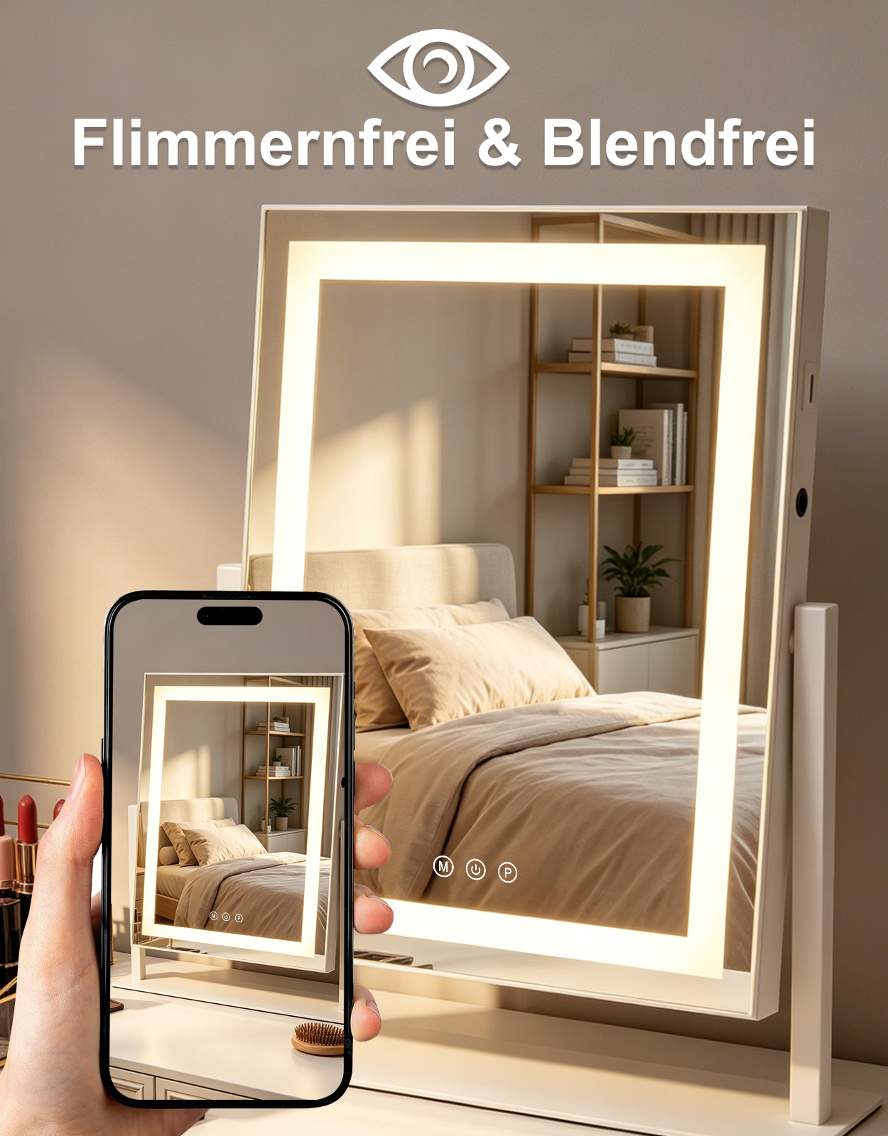 Un teléfono muestra un espejo de maquillaje iluminado que refleja una cama.