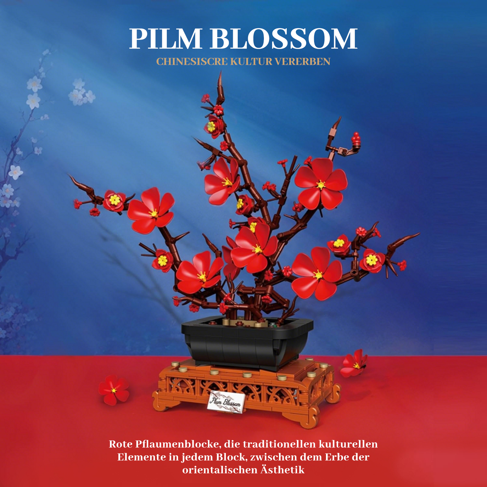 Ein LEGO-Modell eines blühenden Kirschbaums mit roten Blüten auf einem blauen Hintergrund.