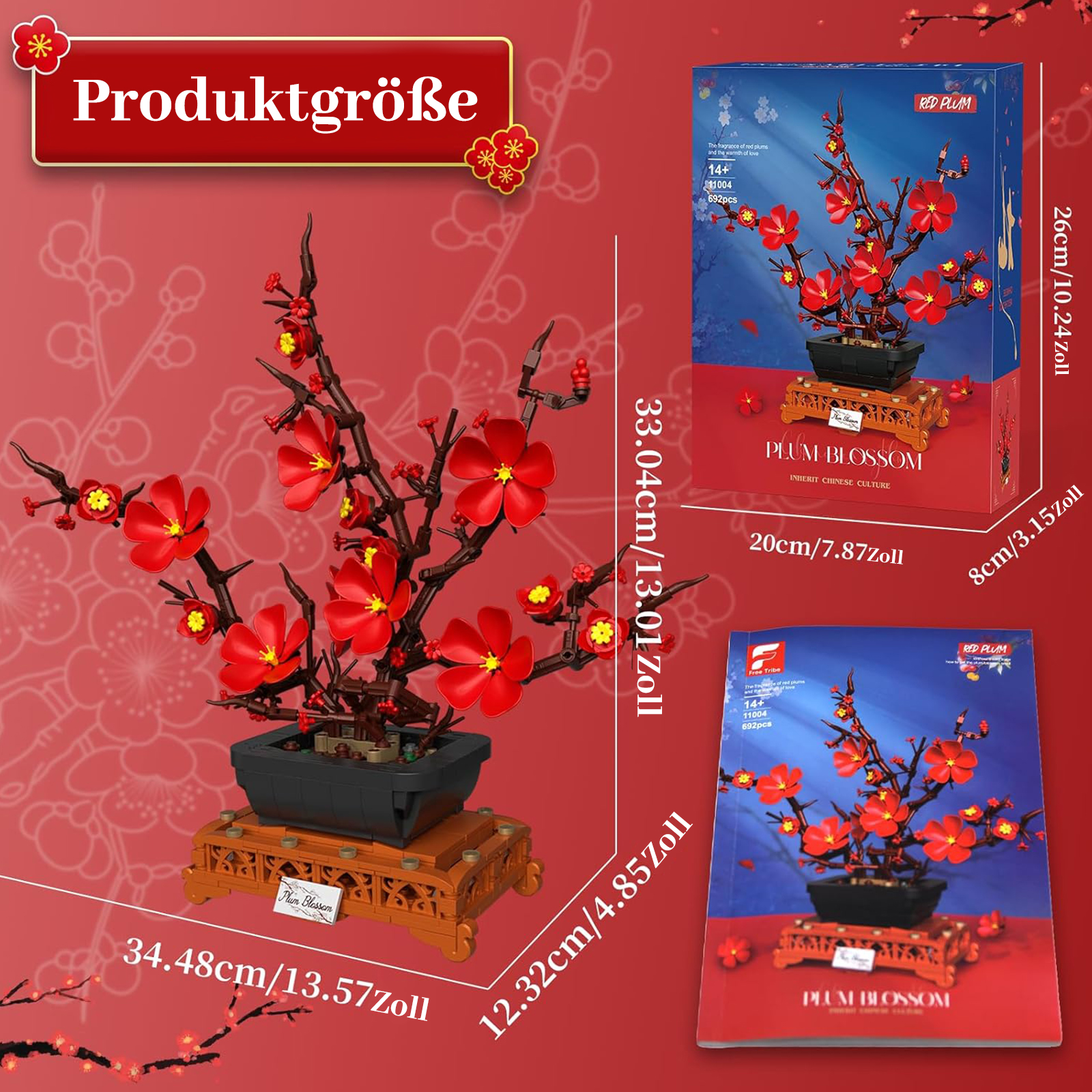 Ein Nachbau-Bonsai mit roten Pflaumenblüten auf einem Holzsockel.