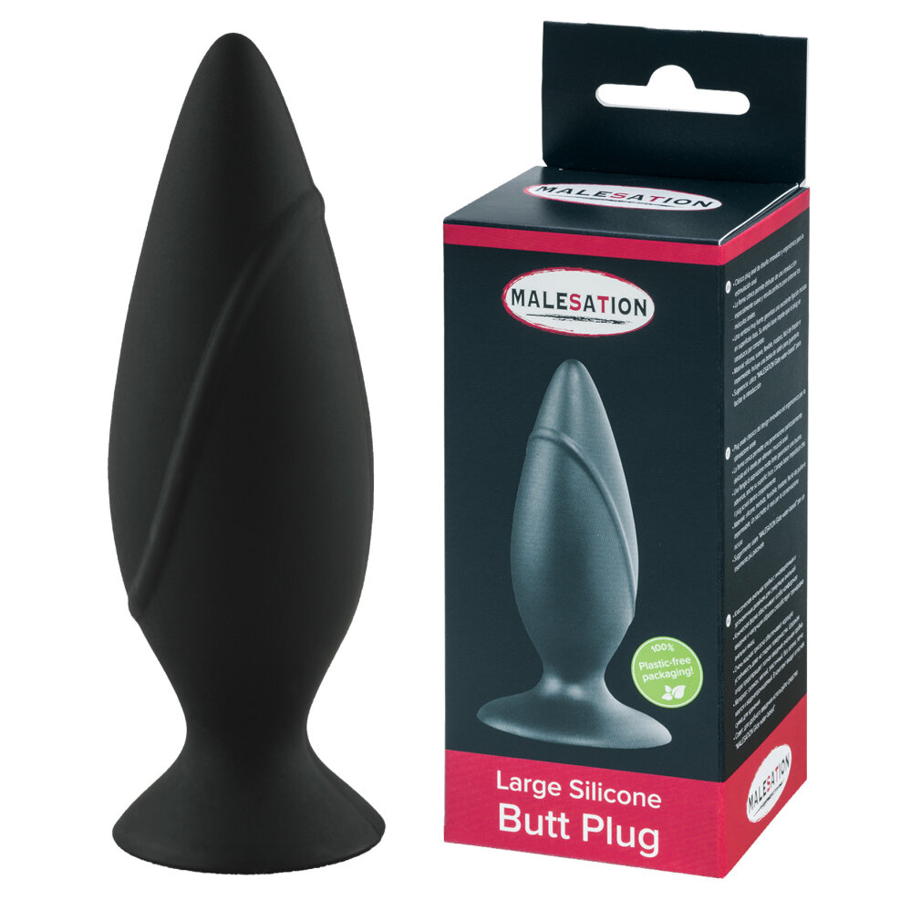Schwarzer Butt Plug aus Silikon neben der Verpackung.