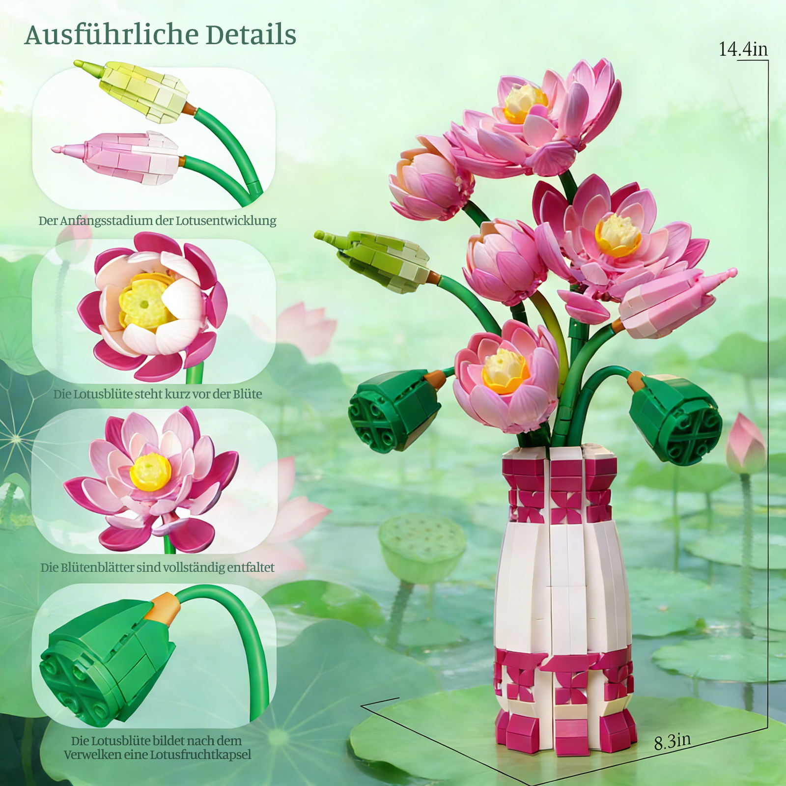 Ein LEGO-Modell von rosa Lotusblumen in einer Vase auf einem Teich.
