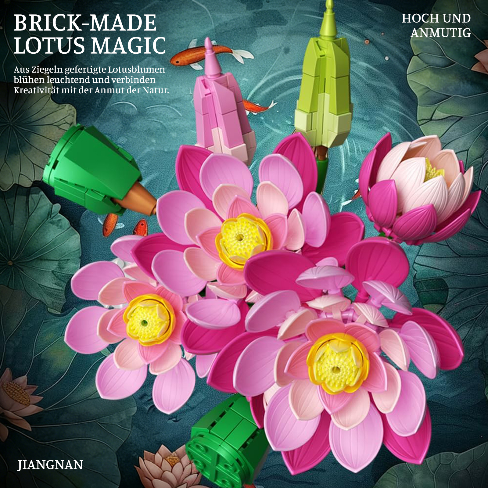 Bunte Lego-Lotusblumen mit kleinen Fischen vor dunklem Hintergrund.