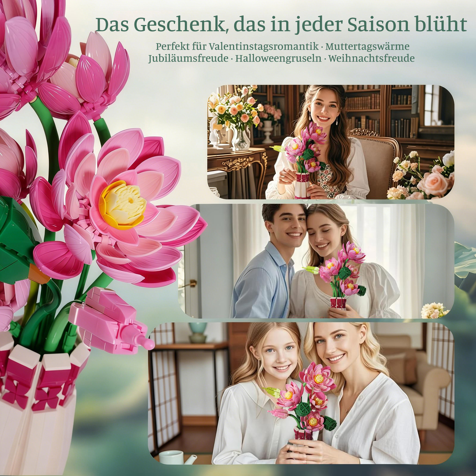 Bunte Lotusblumen-Bausatz mit Menschen in verschiedenen Szenarien.