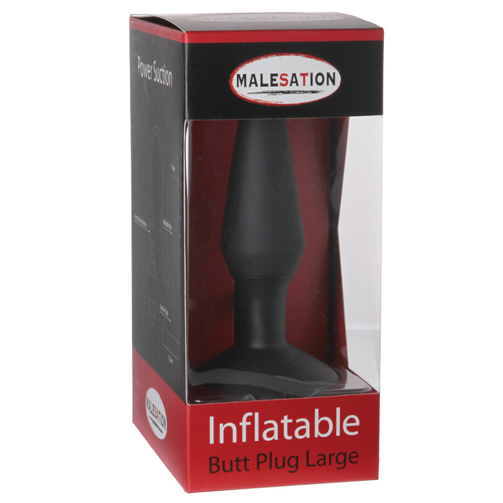 Schwarzer aufblasbarer Butt Plug in der Verpackung mit der Aufschrift 'Inflatable Butt Plug Large'.