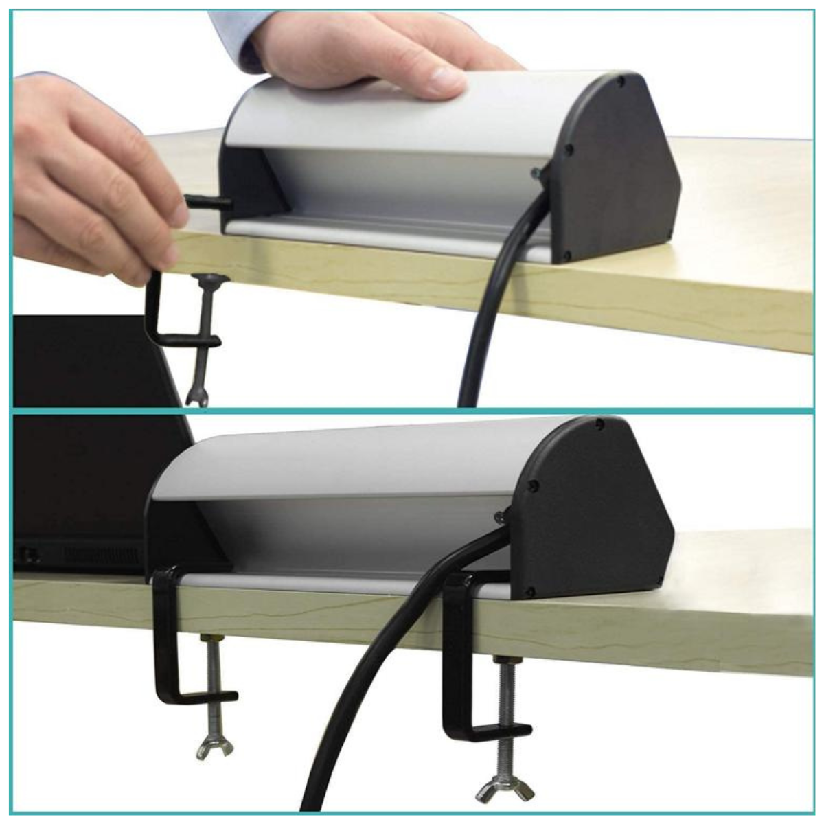 Klemmhalterung für ein Gerät mit Kabel, das an einem Holztisch befestigt ist.