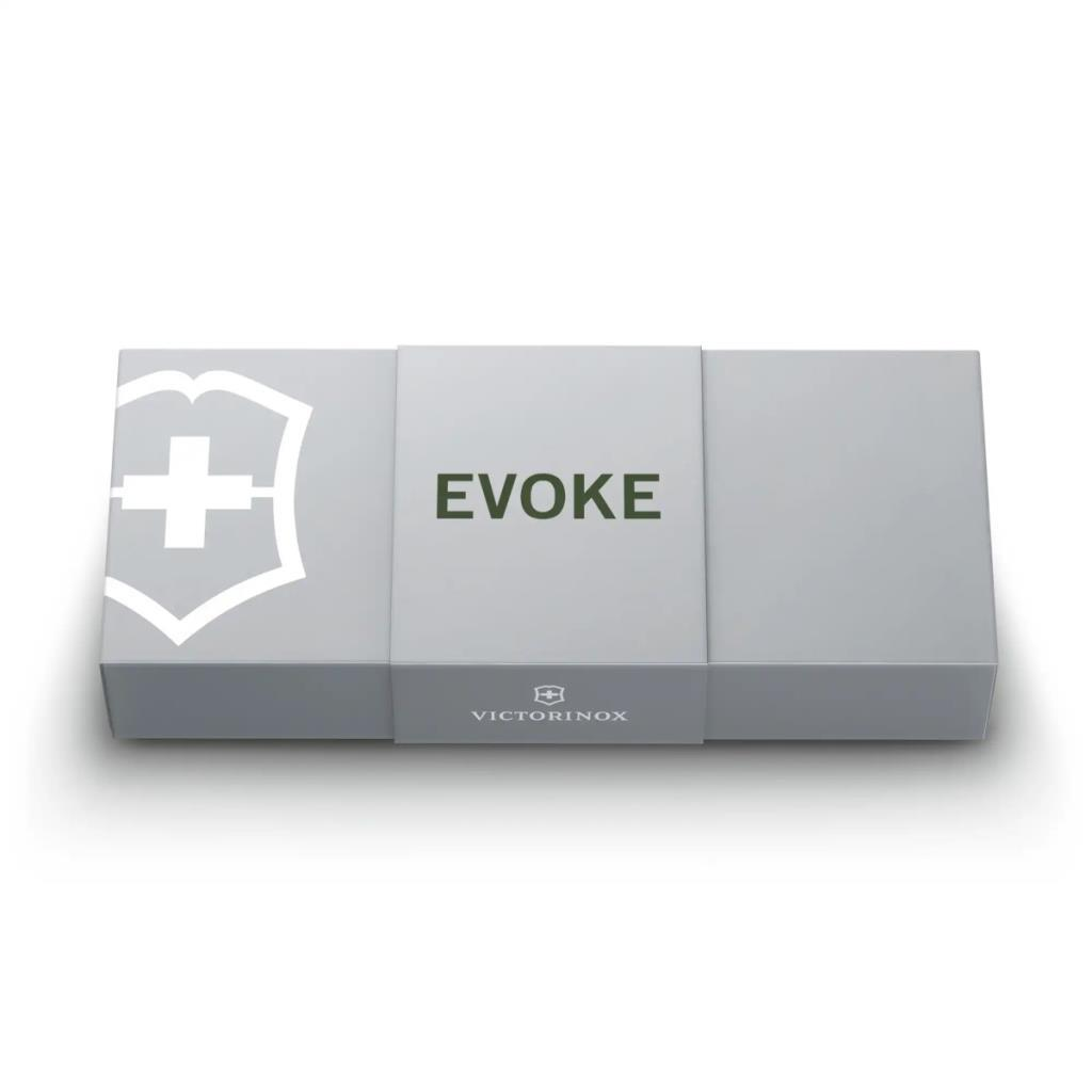 Beyaz İsviçre haçı logosu ve "EVOKE" yazılı gri hediye kutusu.