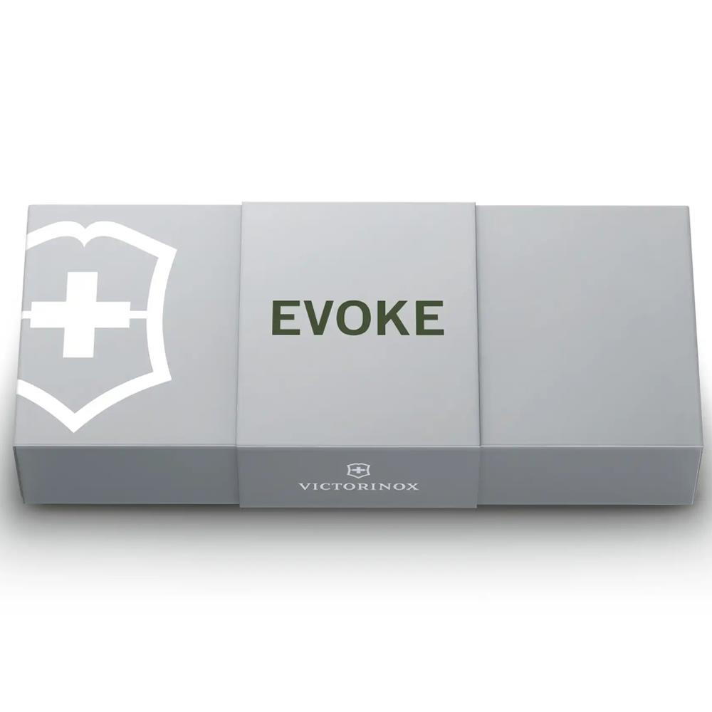 Victorinox logosu ve 'EVOKE' yazısı olan gri kutu.