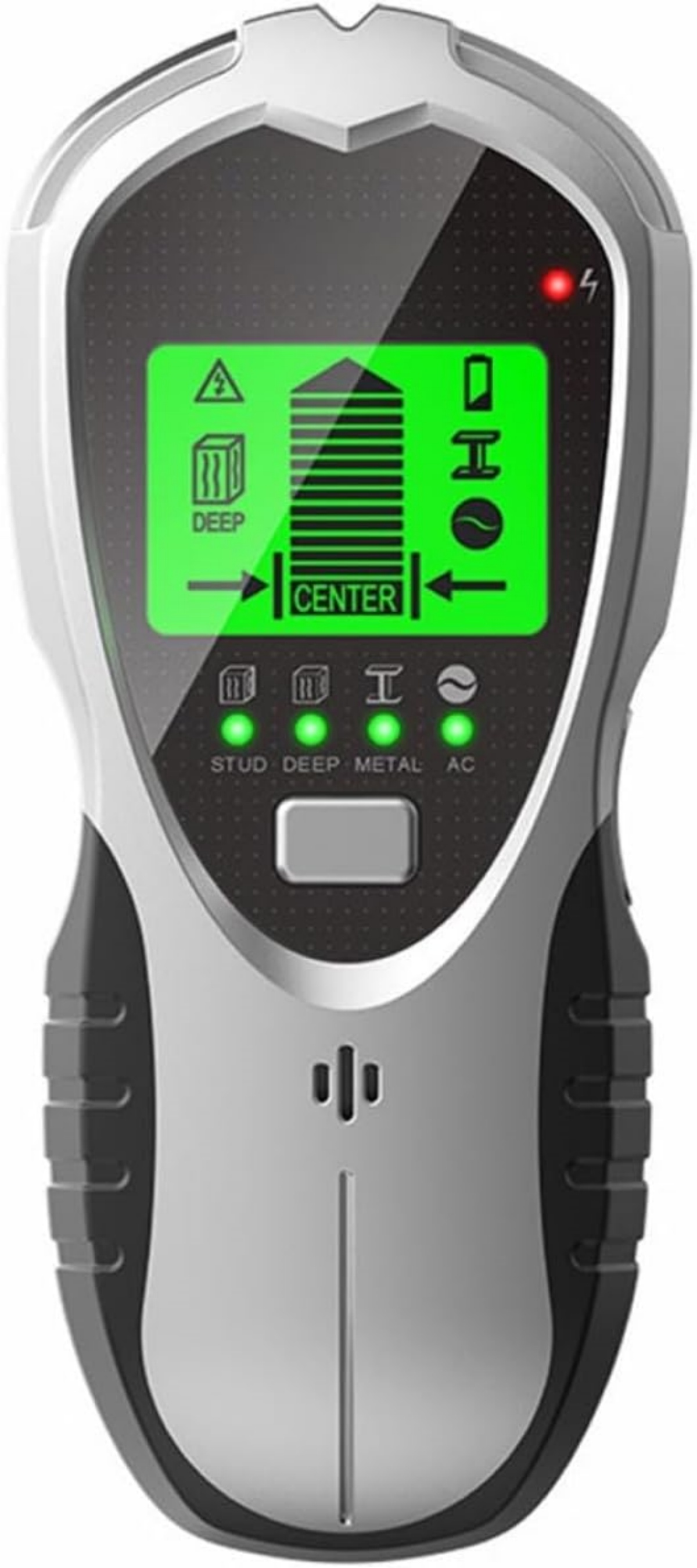 Ein digitaler Wandscanner mit grünem Bildschirm, der Tiefe und Mitte anzeigt.