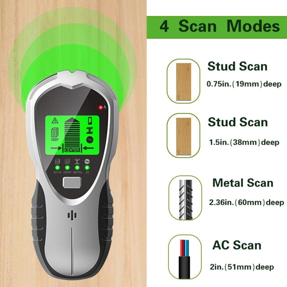 Ein digitales Wand-Scanner-Gerät mit Bildschirm, das 4 Scan-Modi anzeigt: Bolzen, Metall und Stromkabel.