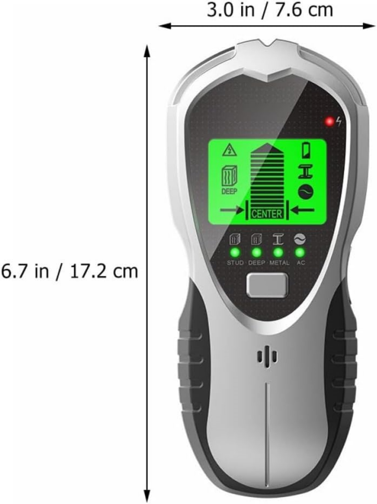 Ein silberner und grauer Digital-Wandscanner mit grünem Display, das 'CENTER' anzeigt.
