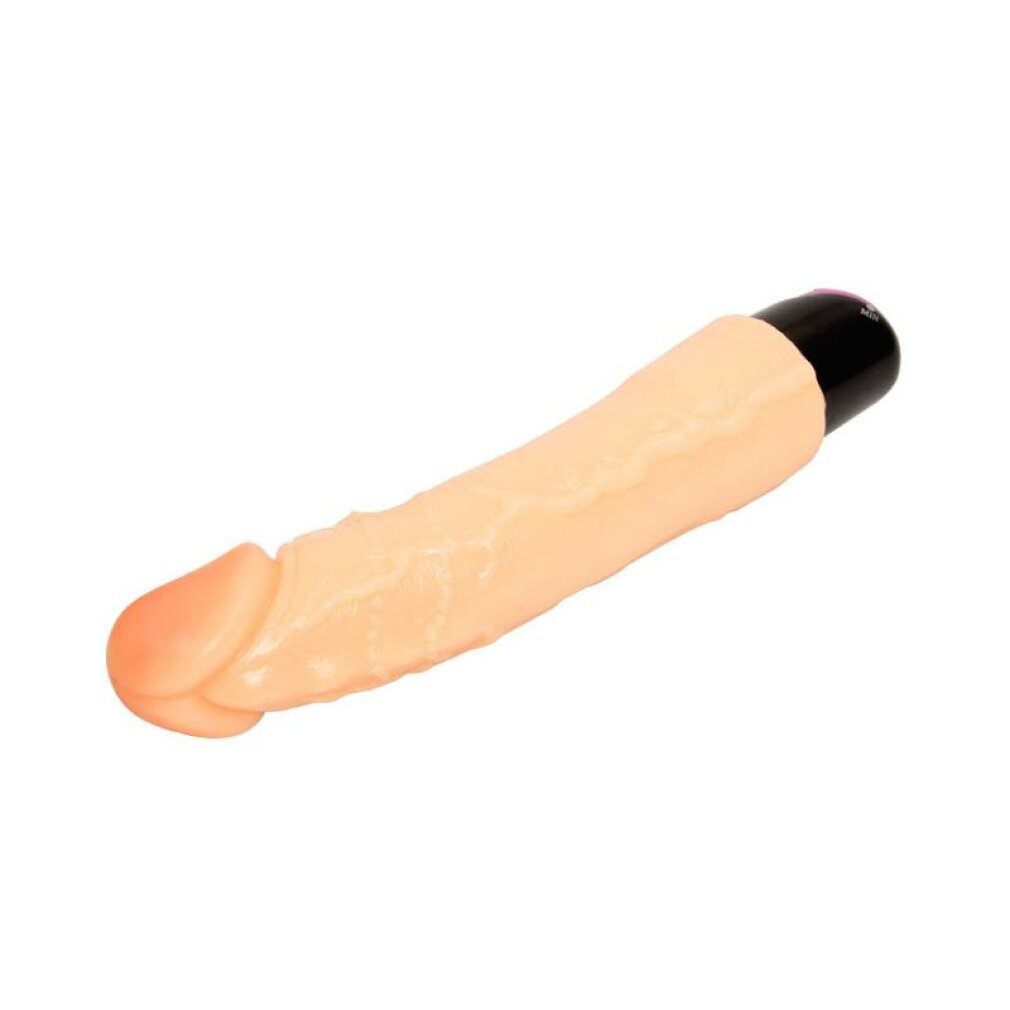 Ein beige-farbener Dildo mit schwarzem Sockel und realistischer Textur.