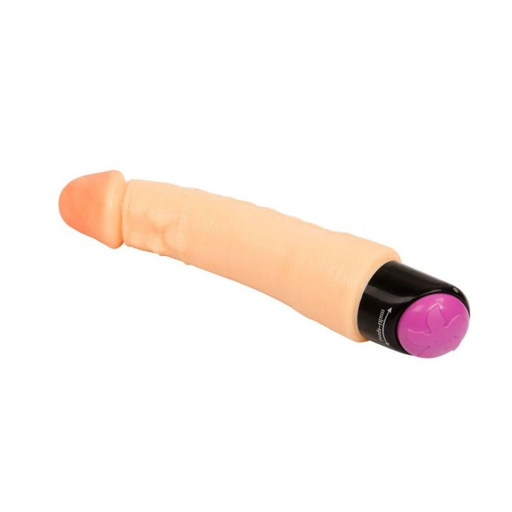 Ein hautfarbener Vibrator mit schwarzem Griff und violetter Taste.