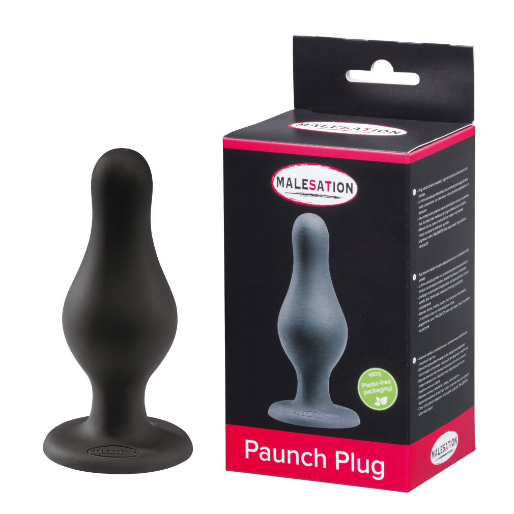 Schwarzer Plug und Verpackung mit grauem Plug und Text.