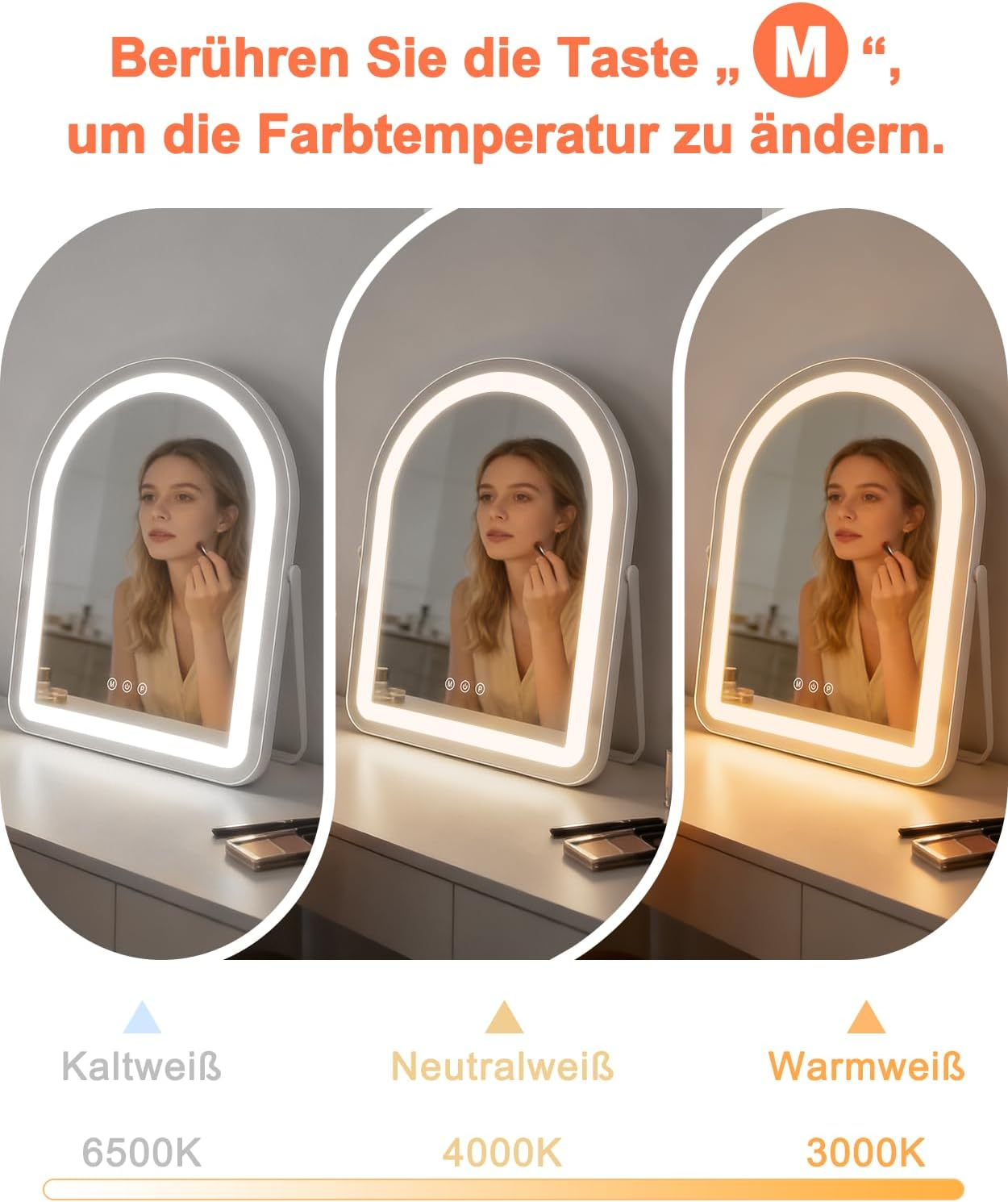 Uno specchio per il trucco con illuminazione a LED mostrato in tre temperature di colore: bianco freddo, bianco neutro, bianco caldo.