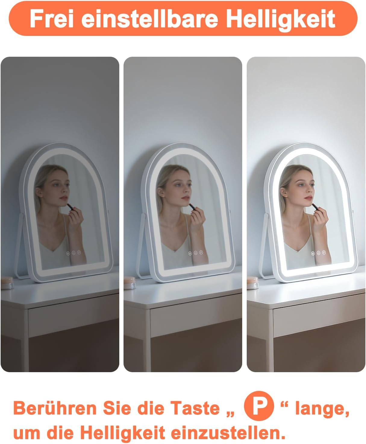 Donna si trucca davanti a uno specchio illuminato con luminosità regolabile.