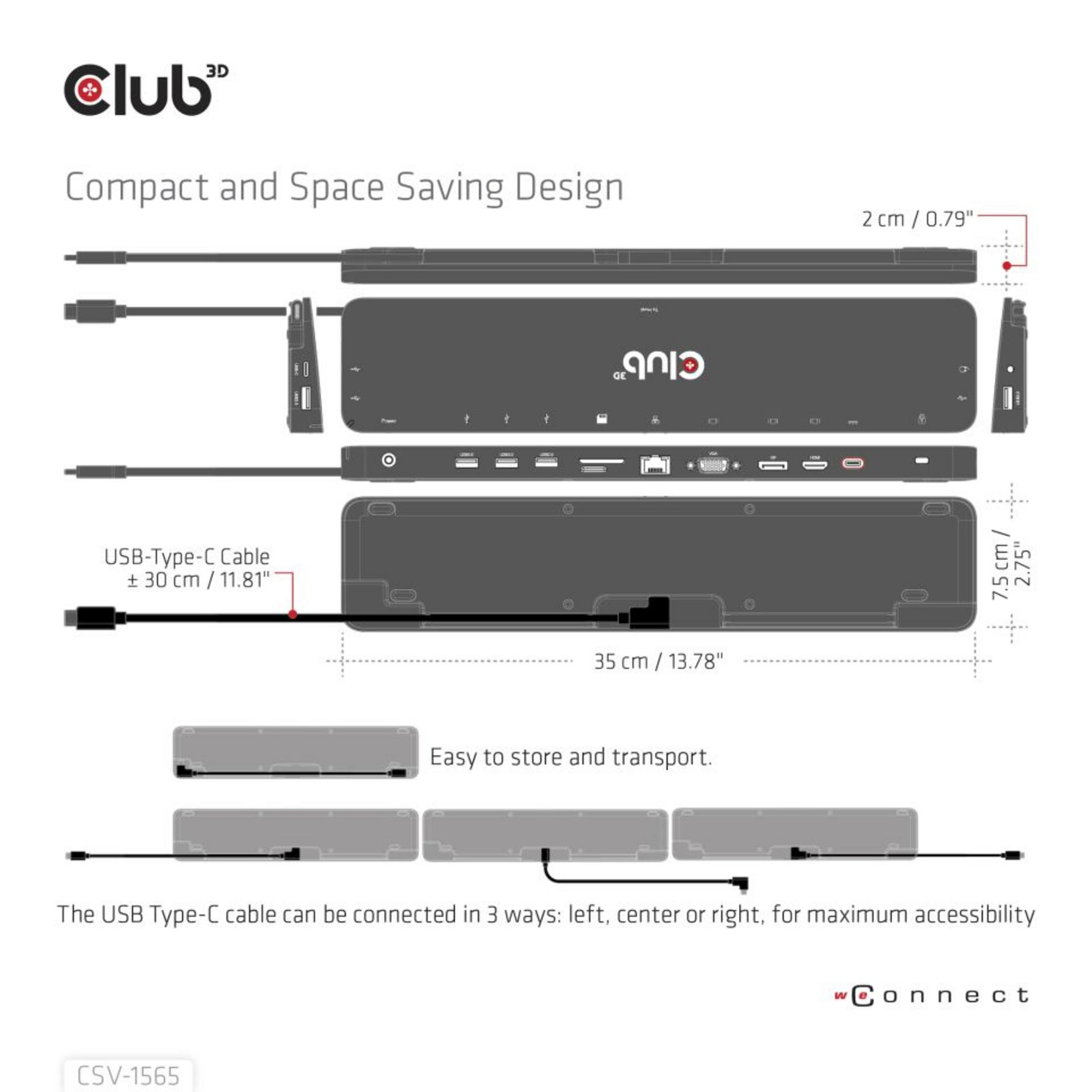 Club 3D USB-C Hub Abmessungen gezeigt: 2cm Höhe, 7,5cm Breite, 35cm Länge.