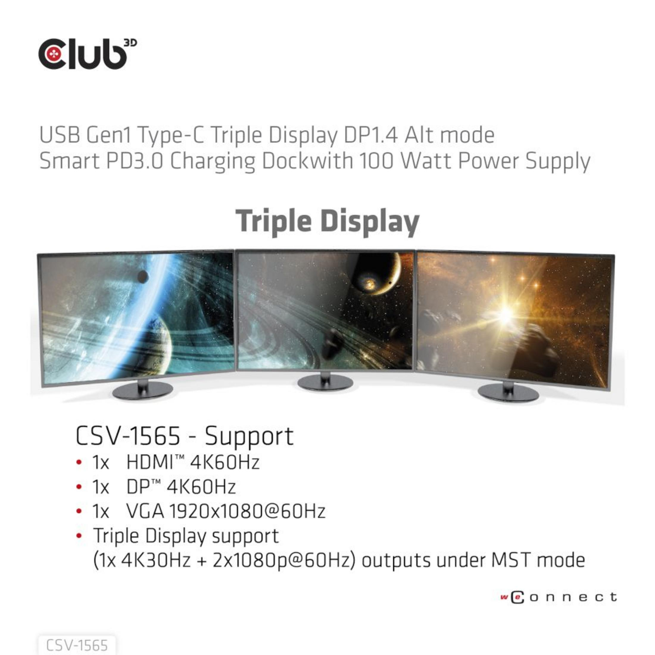 Drei Monitore zeigen Weltraumbilder. Club 3D Logo oben.