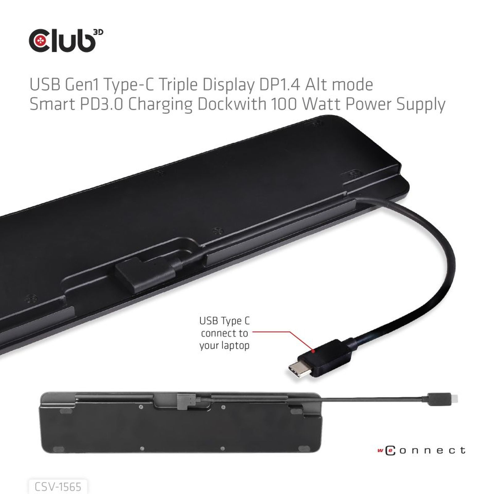 Schwarzer USB-C-Dockingstation mit Kabel und Stecker, Club 3D Logo.
