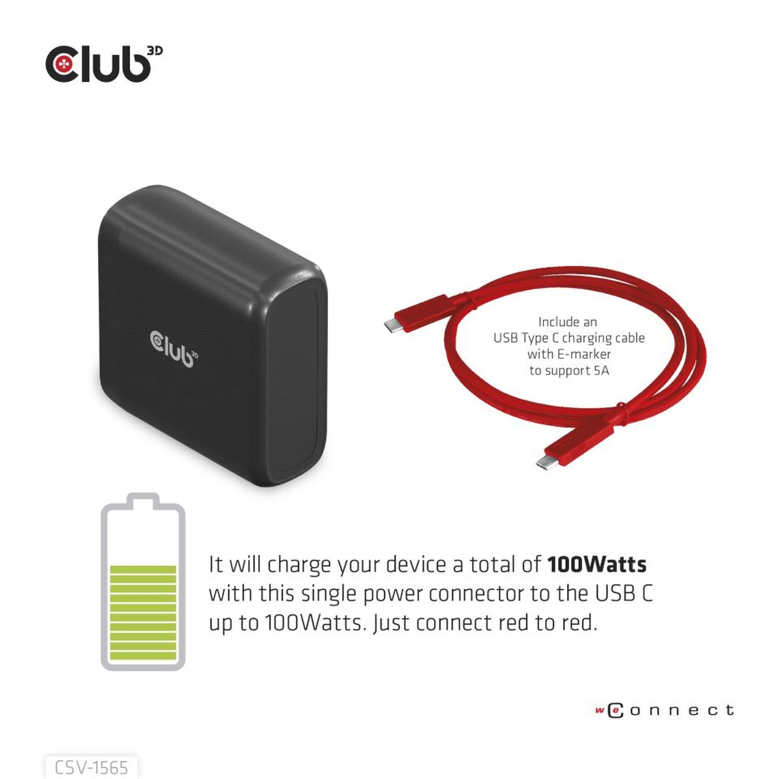 Schwarzes Netzteil und rotes USB-C-Kabel für 100W Laden. Batterie-Symbol.