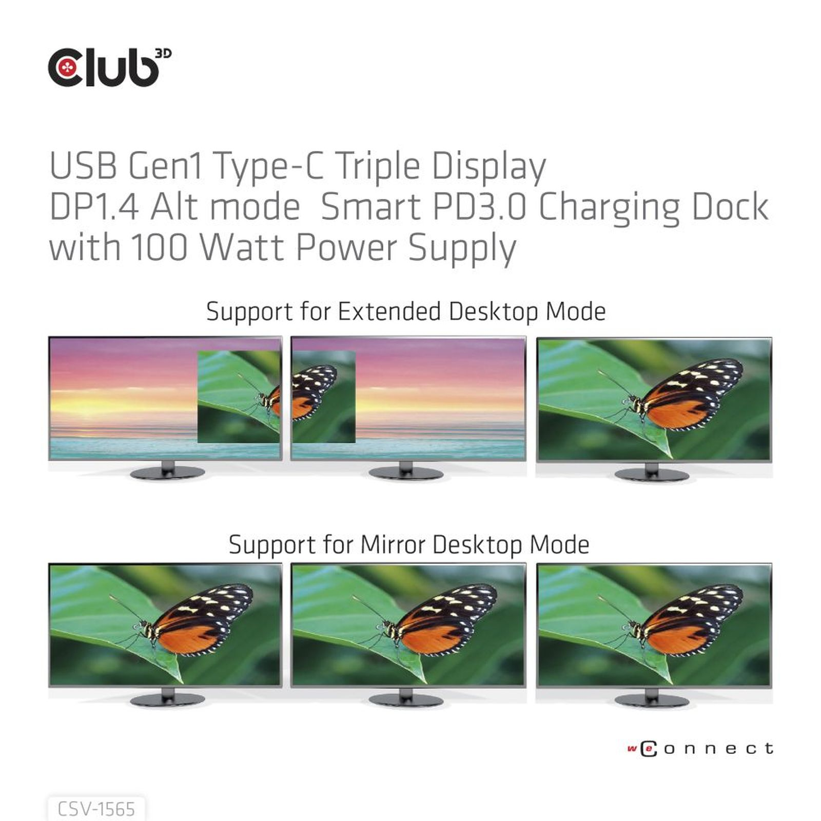 Club 3D Dock: Extended & Mirror Desktop Modes mit Schmetterlingen und Landschaft.