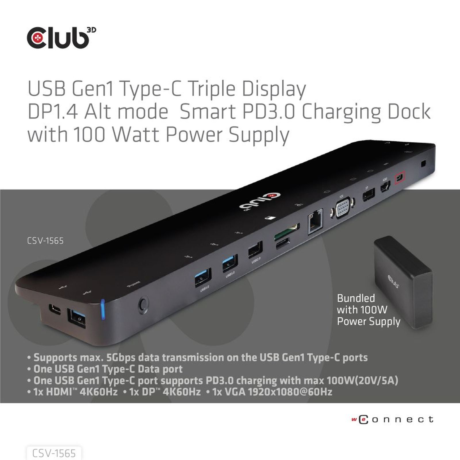 Schwarzer USB-C-Dock mit mehreren Anschlüssen und 100-W-Netzteil.