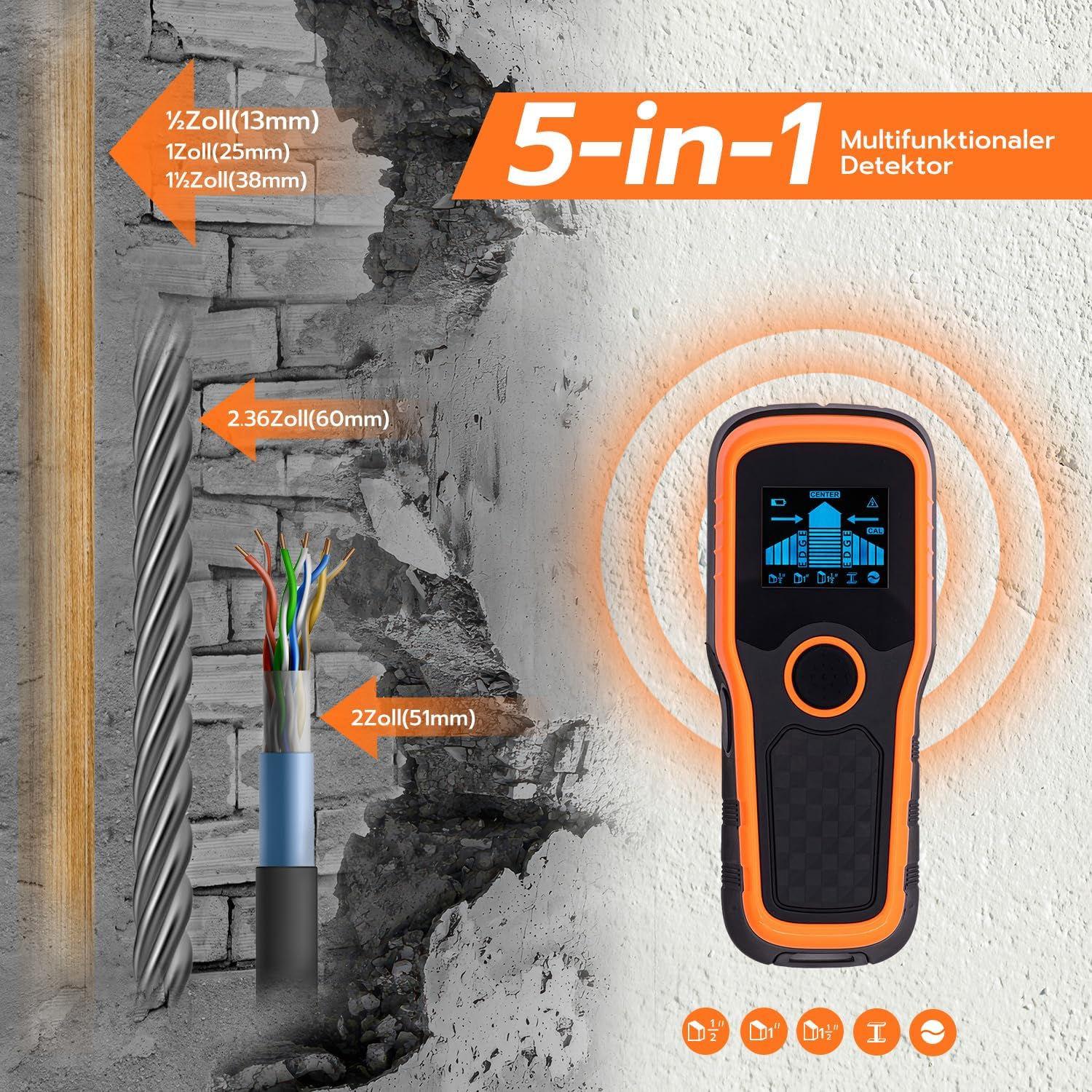 5-in-1 Multifunktionsdetektor mit Kabeln und Größenangaben.