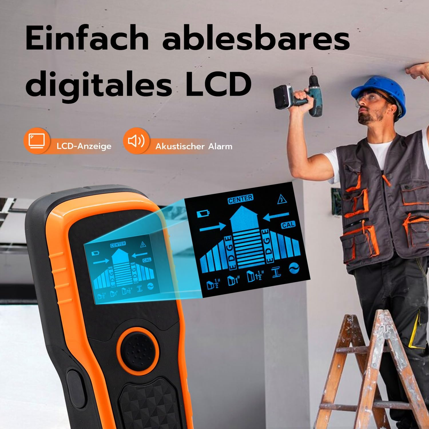 Ein Handwerker benutzt einen digitalen Wandsucher mit LCD-Anzeige an einer Decke.