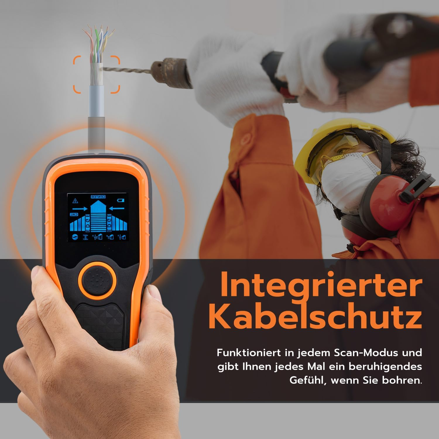 Person mit Bohrer und Kabeldetektor. Integrierter Kabelschutz.