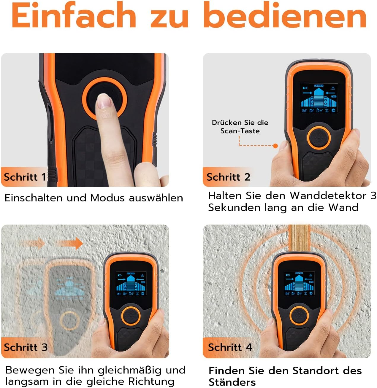 Vier Schritte zur Bedienung eines Wanddetektors: Einschalten, an Wand halten, bewegen, Standort finden.