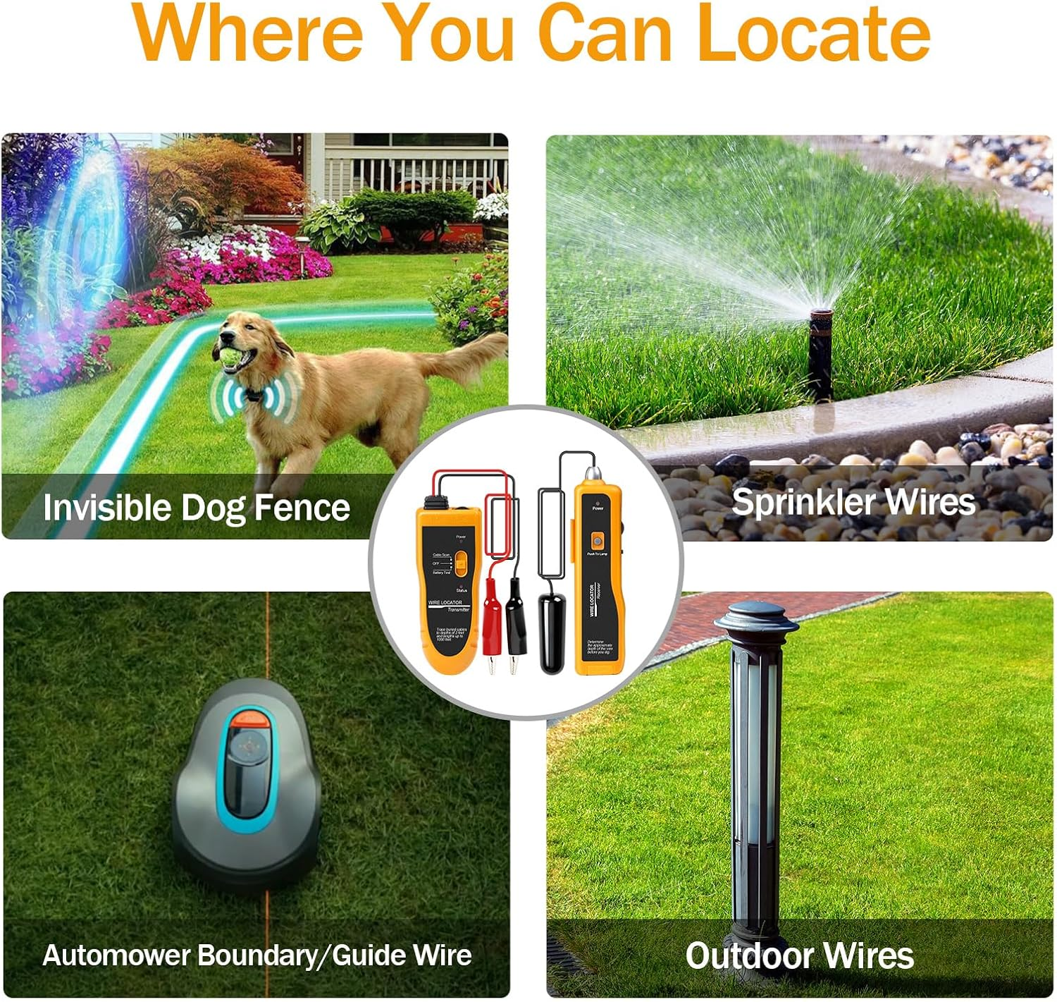 Ein Hund mit Ball in einem Garten, Sprinkler, Mähroboter und Außenleuchte.