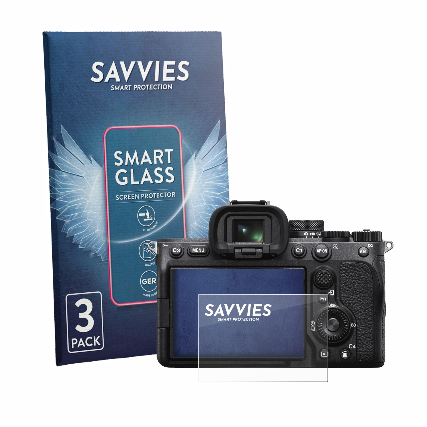 Verpackung von Savvies Displayschutzfolien neben einer Kamera mit angebrachter Schutzfolie.