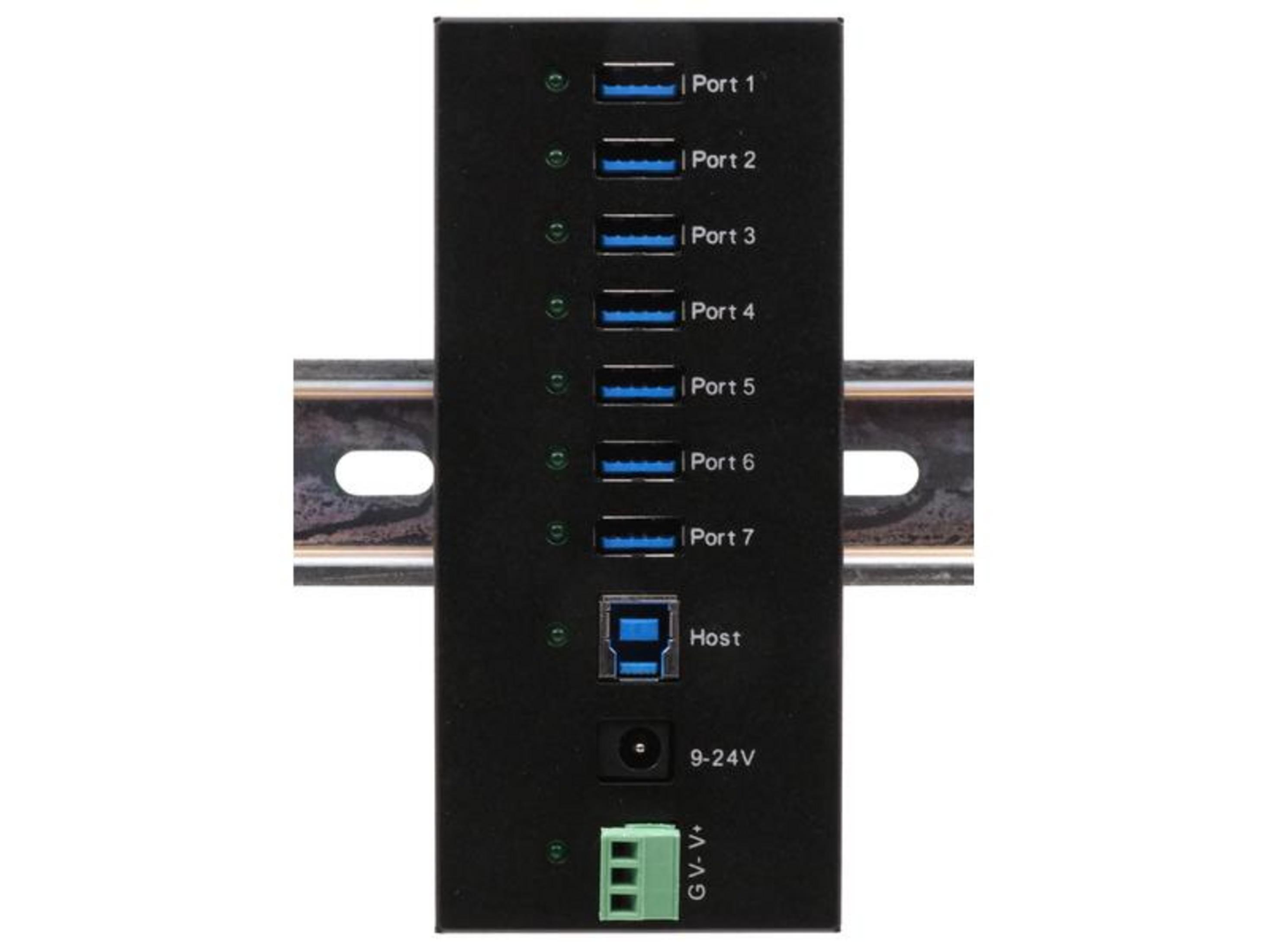 Schwarzes Gehäuse mit 7 USB-Ports, einem Host-Port, Stromanschluss und Schraubklemmen.