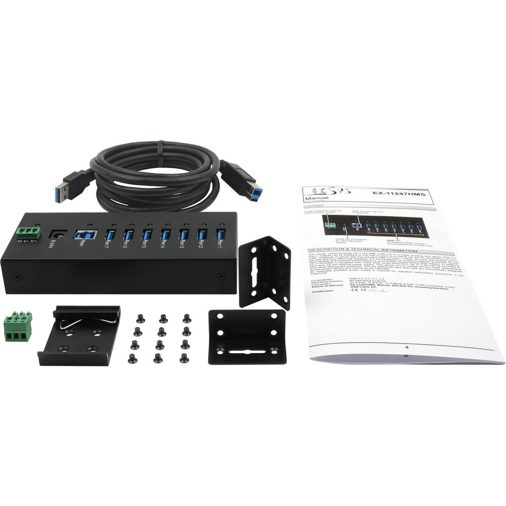 Ein schwarzer USB-Hub mit 8 Ports, ein Kabel, eine Anleitung und Montagezubehör.