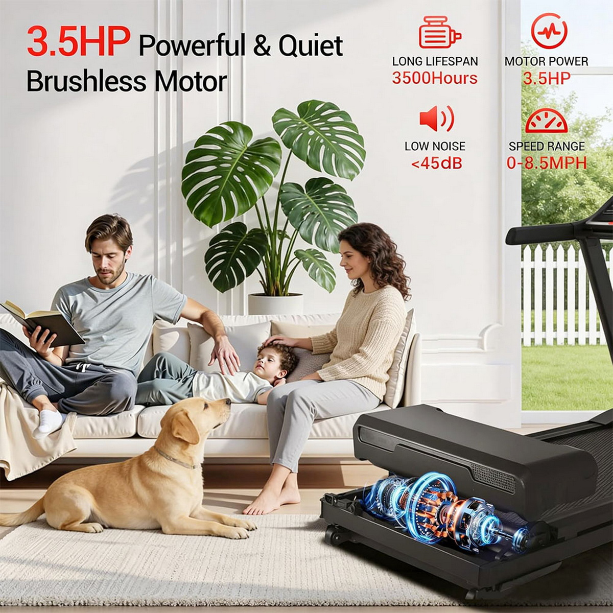 Familie mit Hund entspannt sich, während ein Laufband mit Detailansicht des Motors gezeigt wird.