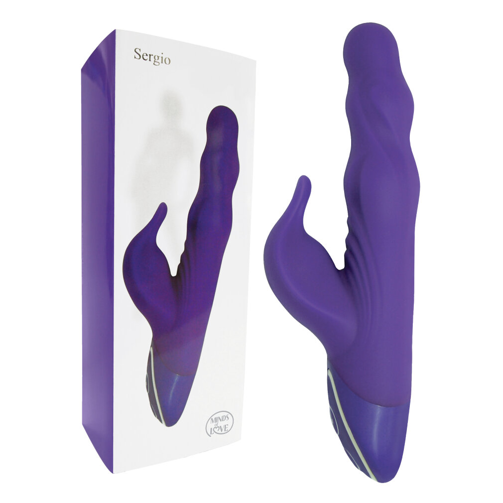 Lila Vibrator neben seiner Verpackung mit dem Namen Sergio.