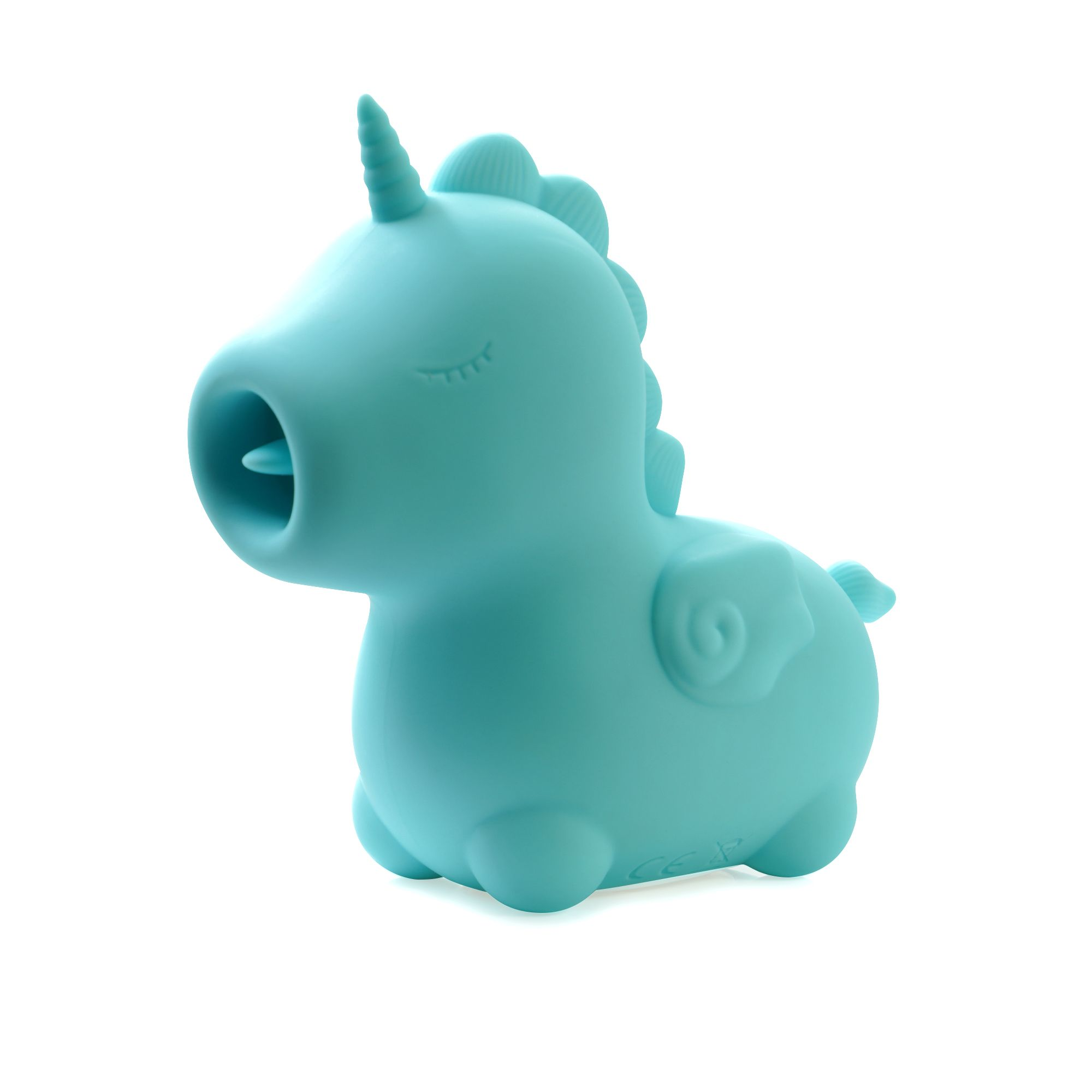 Ein türkisfarbener Einhorn-Quetschie mit geschlossenen Augen und einem Horn.