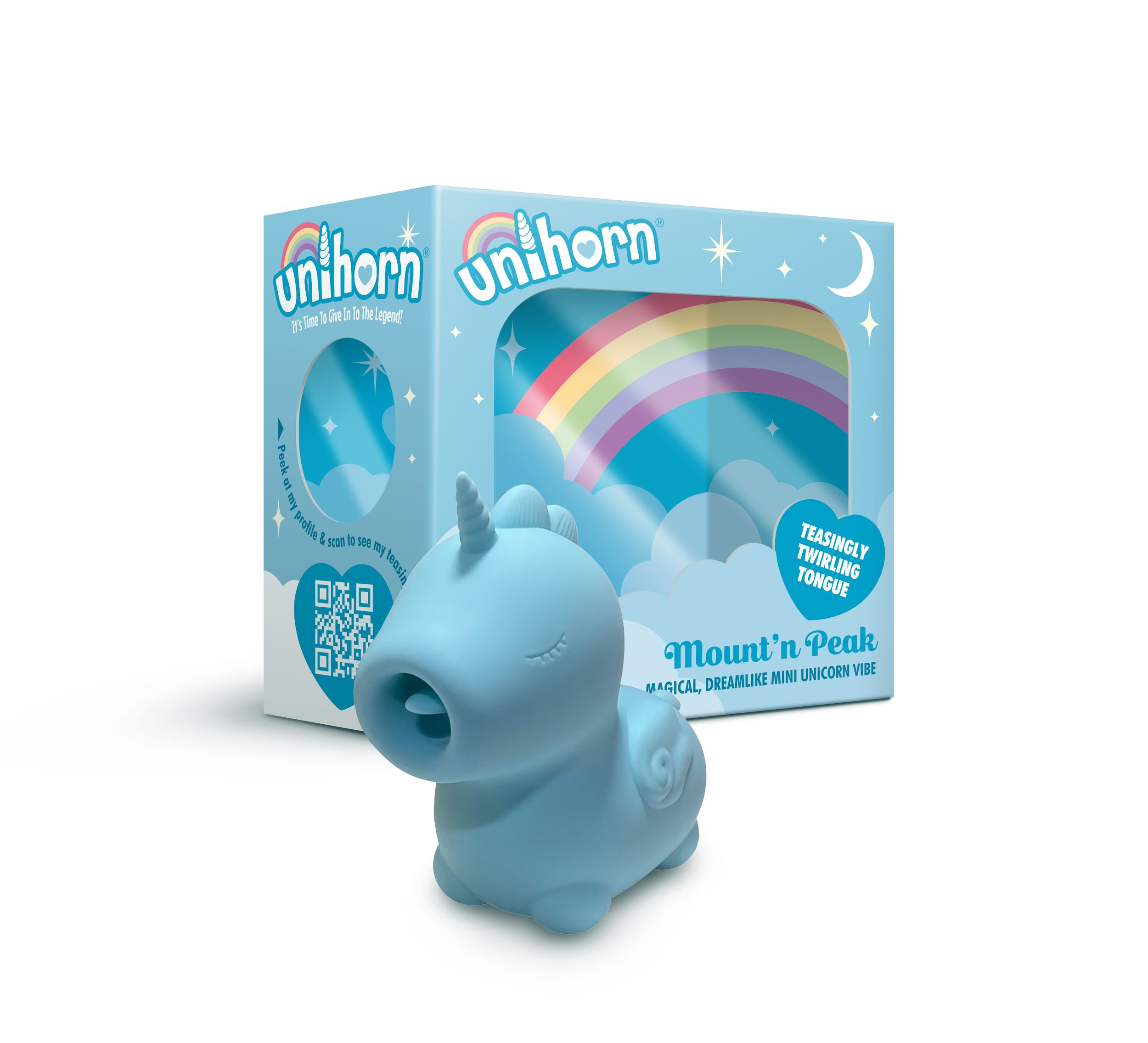 Ein hellblaues Einhorn-Spielzeug mit geschlossenen Augen steht vor einer hellblauen Box mit Regenbogen.
