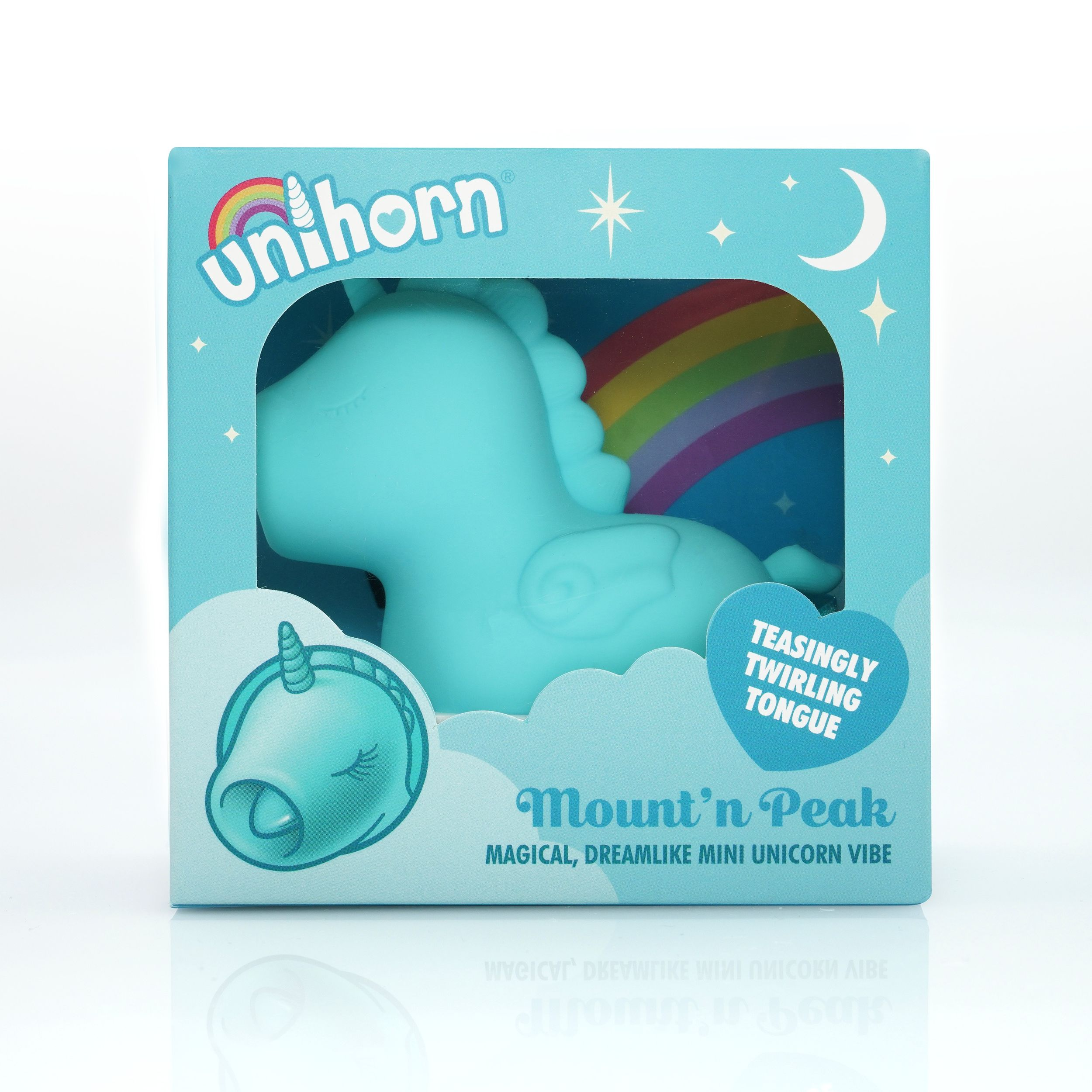 Ein hellblauer Einhorn-Vibrator in einer Box mit Regenbogen und Mond.
