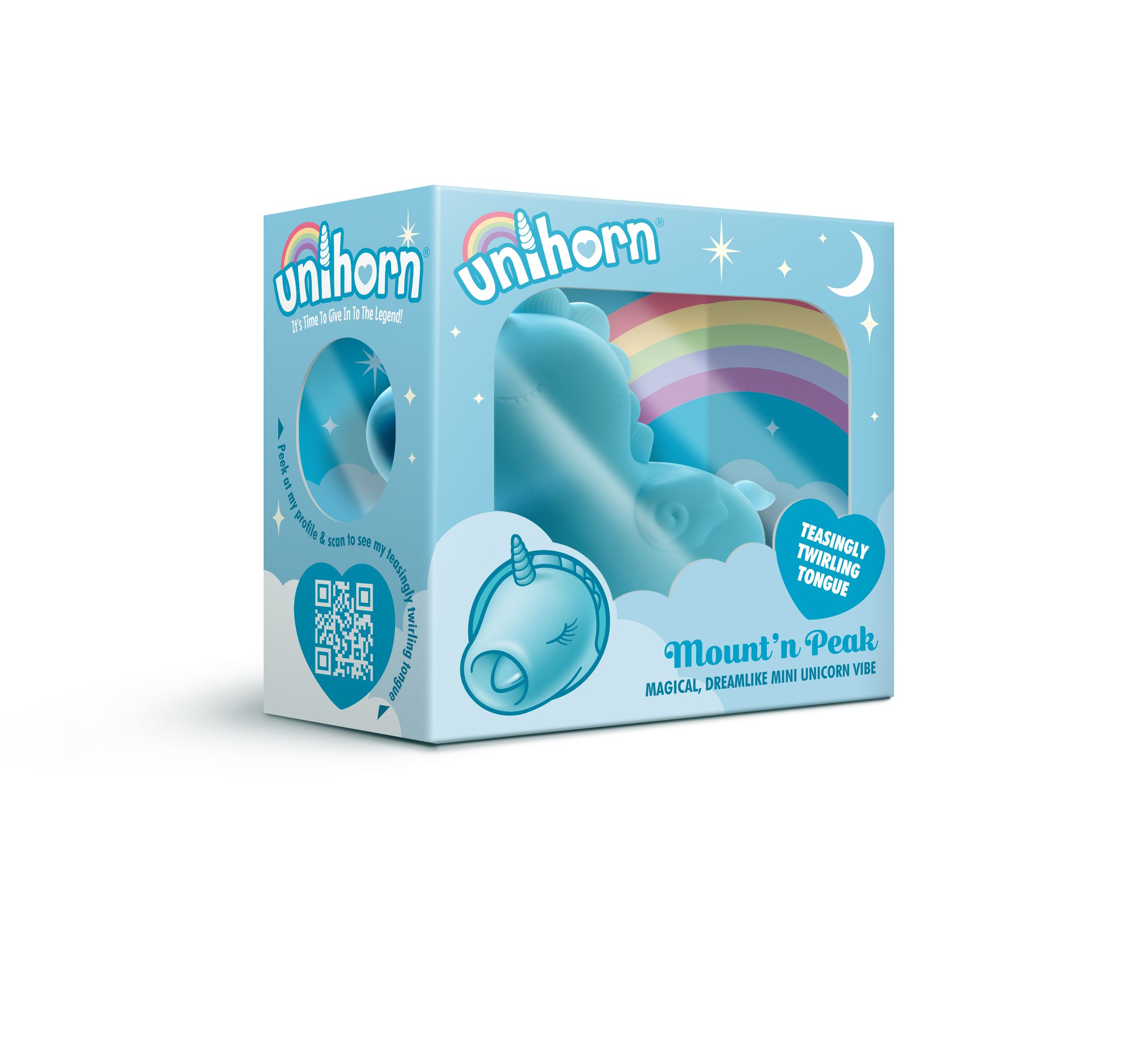 Blaue Box mit Einhornmotiv, Regenbogen, Mond und Sternen.