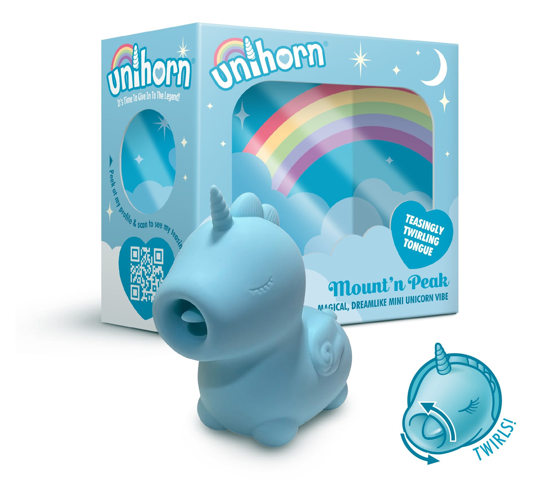 Ein blaues Einhorn-Vibrator-Spielzeug mit Verpackung, das einen Regenbogen zeigt.