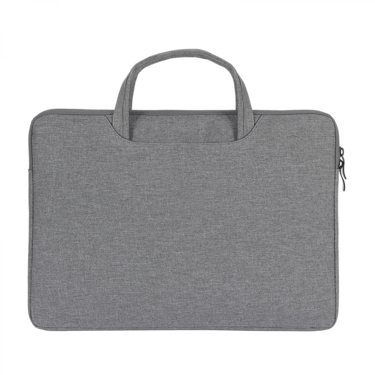 Graue Laptoptasche mit zwei Henkeln und Reißverschluss an der Seite.