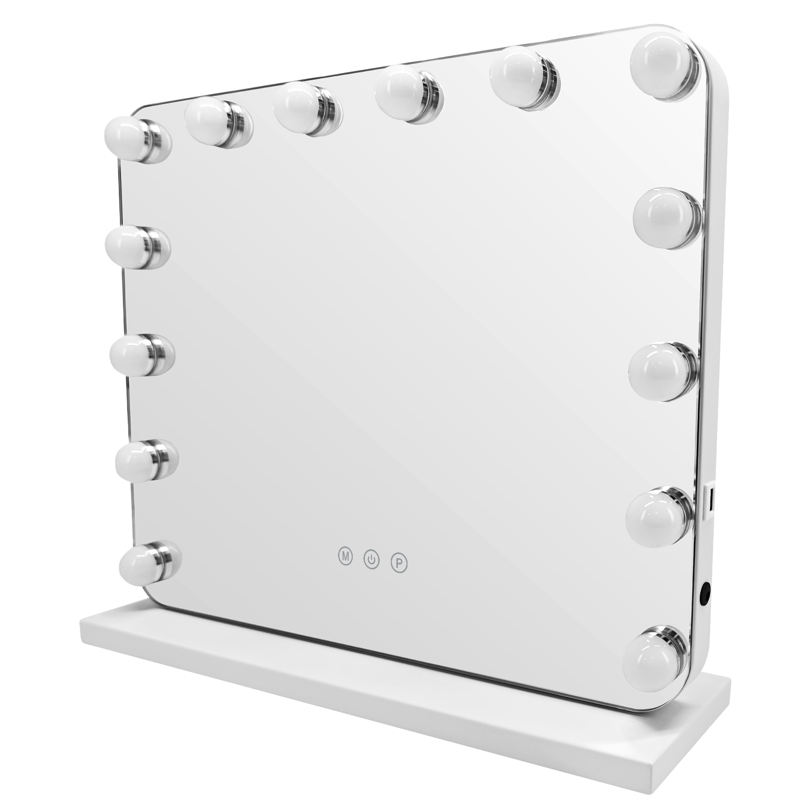 Uno specchio per il trucco bianco con luci e controlli touch su una base.