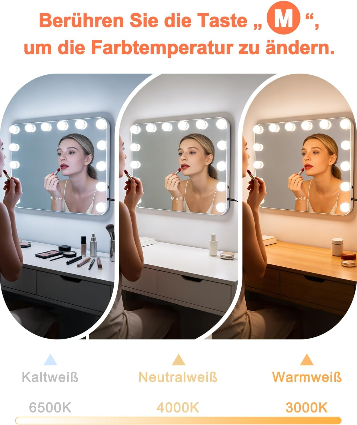 Donna si trucca davanti a specchio illuminato con tre temperature colore: bianco freddo, neutro, caldo.