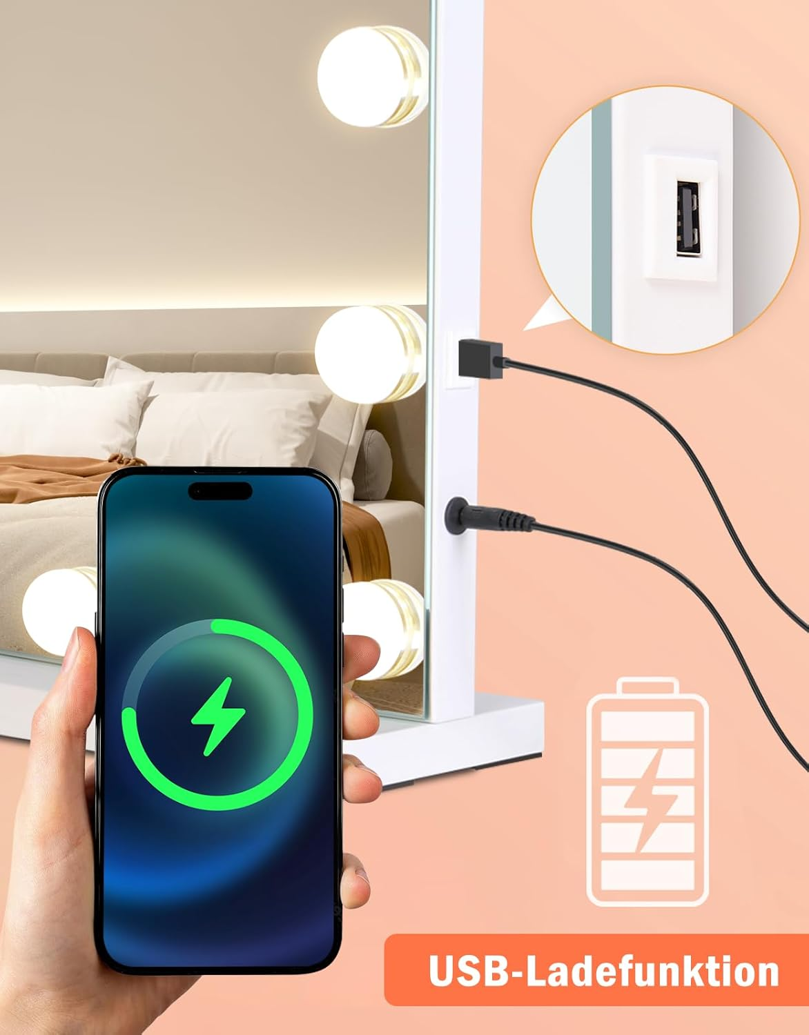 Un telefono viene caricato davanti a uno specchio illuminato, con icona di ricarica USB.