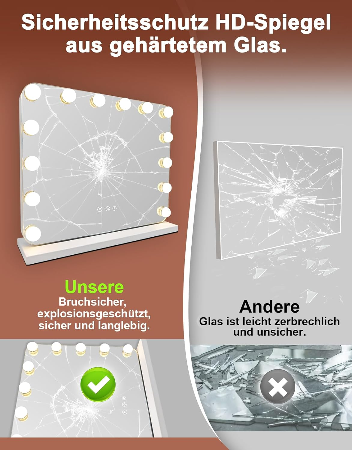 Uno specchio HD in vetro di sicurezza con luci e confronto test di rottura.