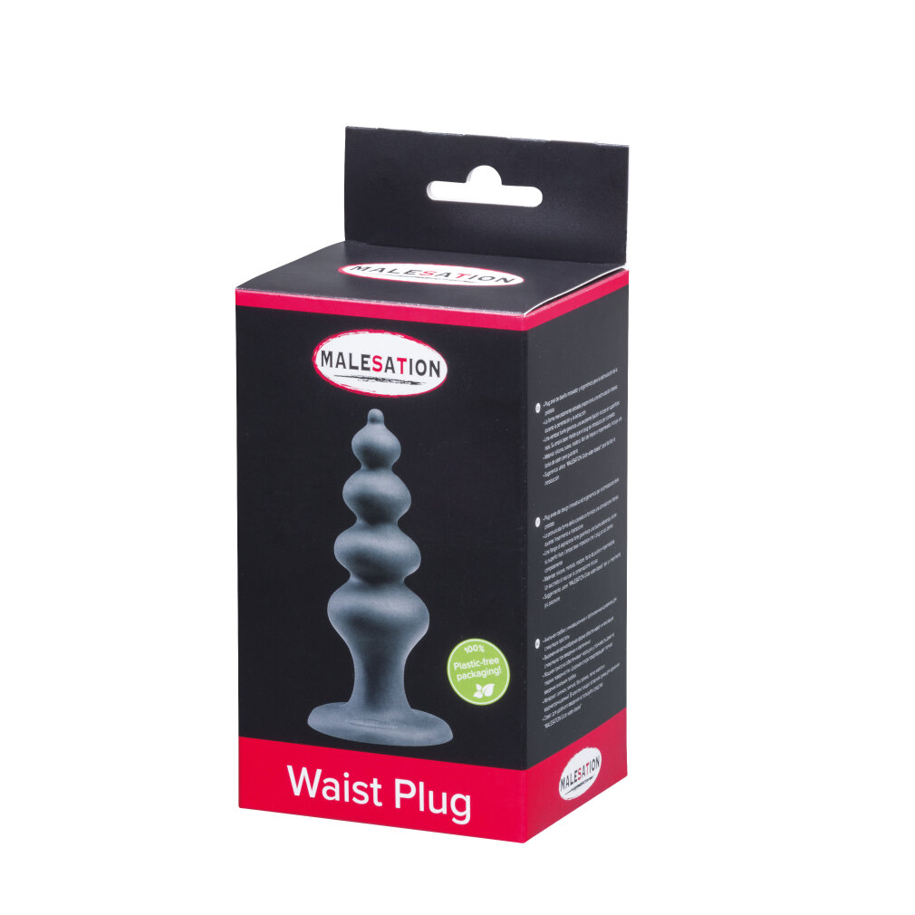 Grauer Plastik-Tanga-Plug in Schachtel mit Aufschrift 'Waist Plug'.