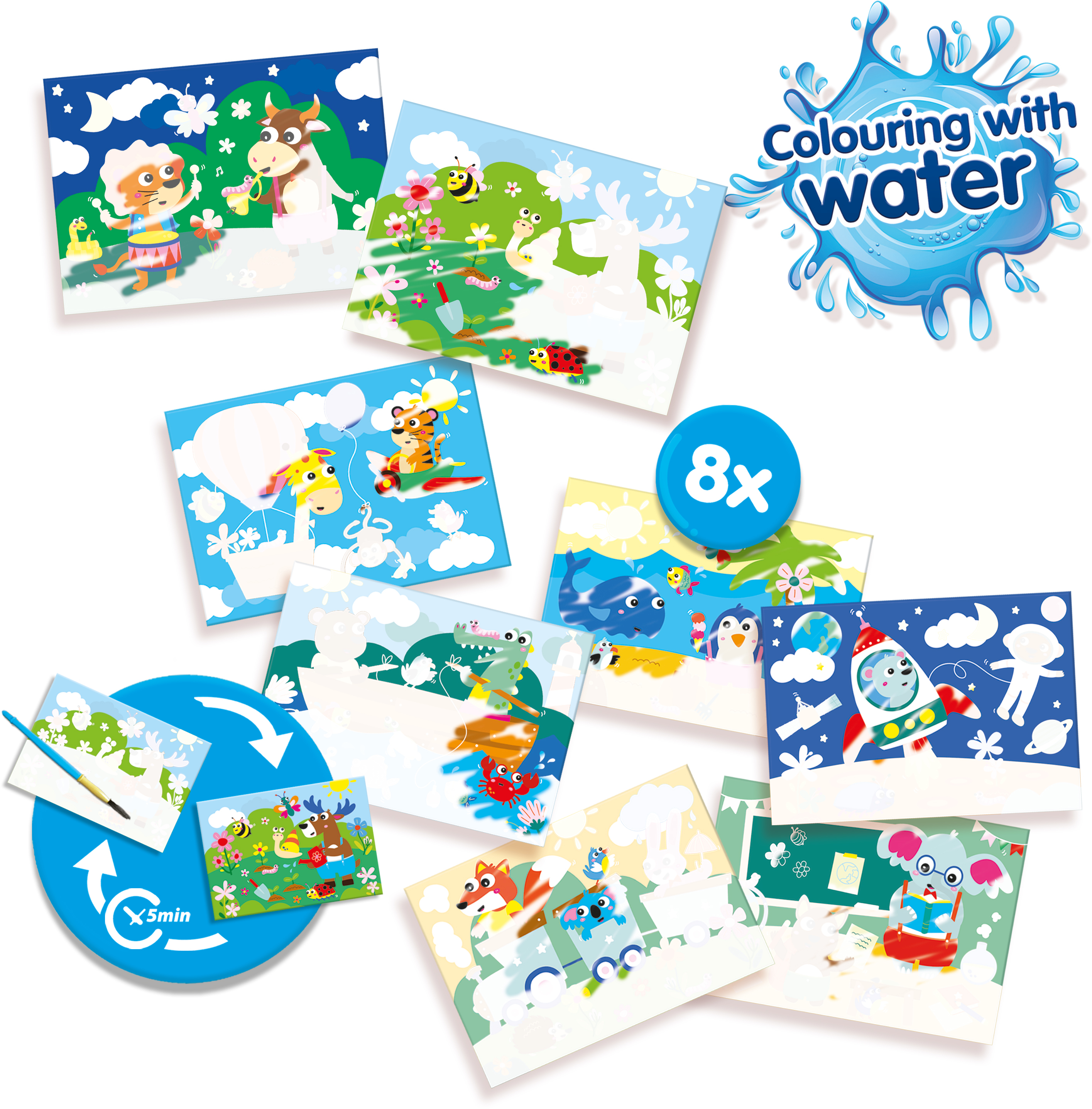 Bunte Kinderbilder mit Tieren und Fahrzeugen, Spielzeug und Wasserfarben-Logo.