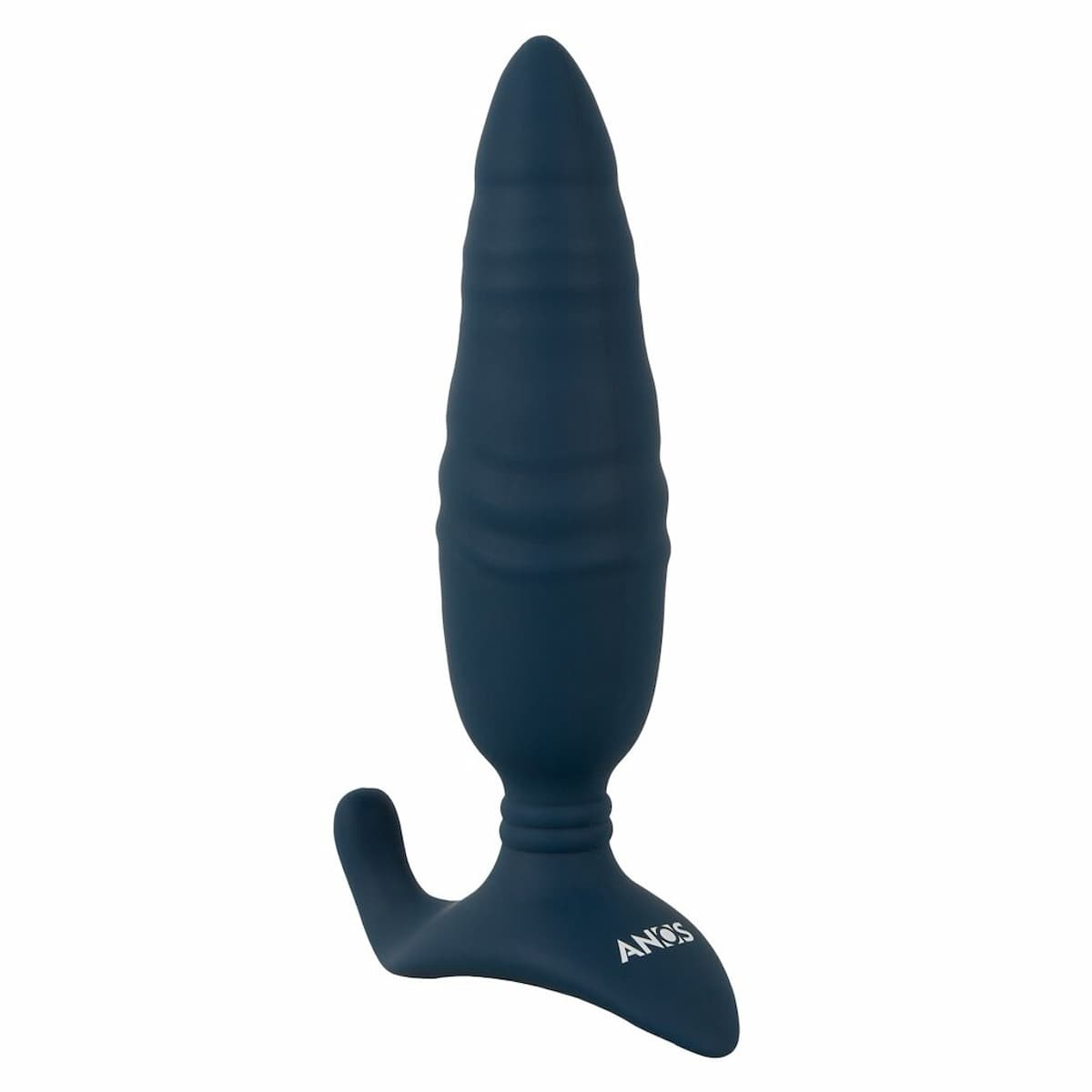 Ein dunkelblauer, gerippter Butt Plug mit einem breiten Flansch.