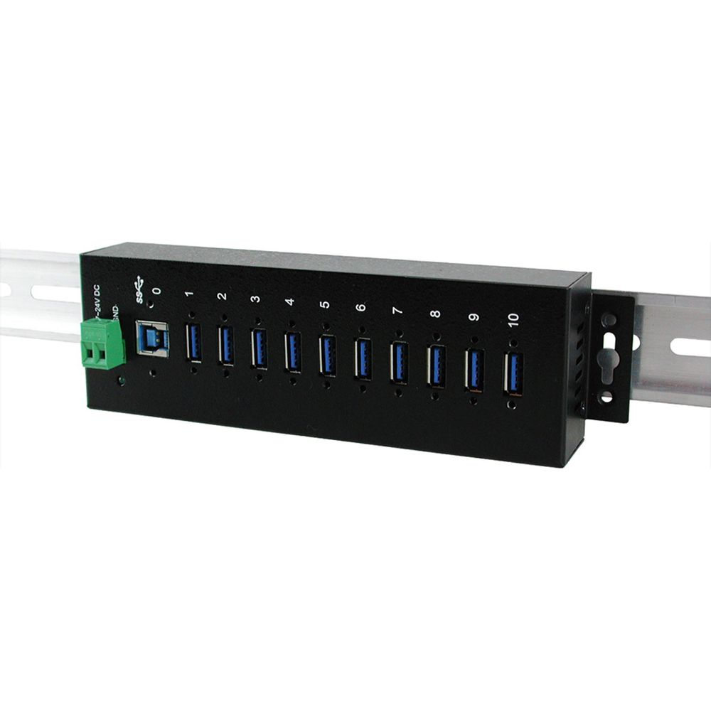 Schwarzer 10-Port-USB-Hub mit DIN-Schienenmontage und Stromanschluss.